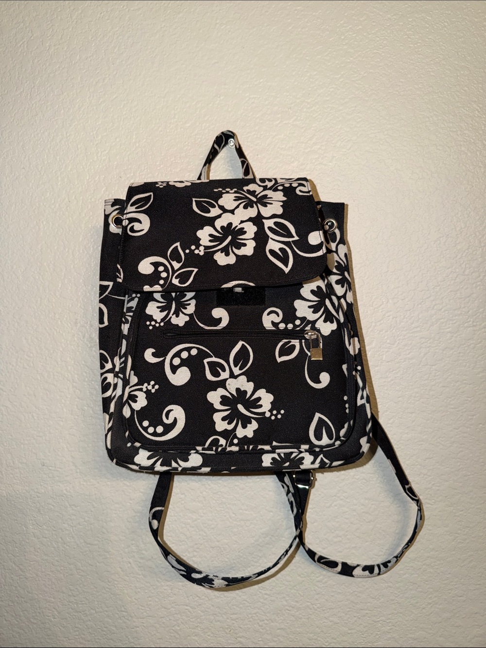 Source Unknown Black & White Floral Canvas Backpack